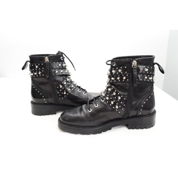 ZARA Leather Biker Moto Buckle Boots Black Size 40 Studded Lace Up 9 - Picture 5 of 7